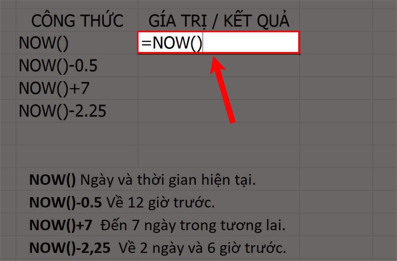 Nhập =NOW() vào Ô dữ liệu cần điền.